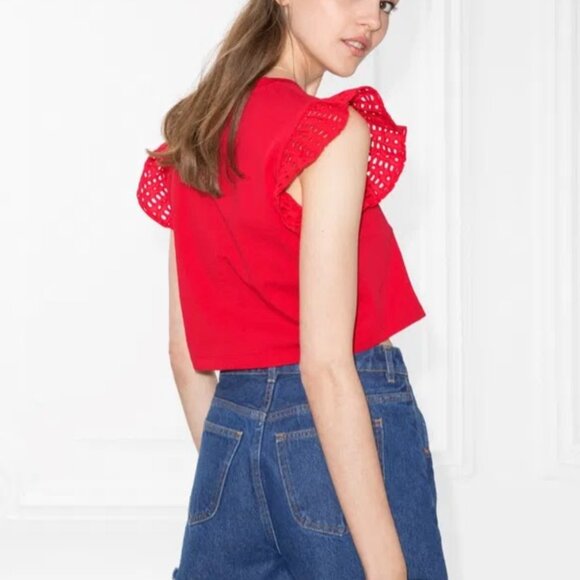 & Other Stories Eyelet Flutter Sleeve Crop Tee - Picture 2 of 5